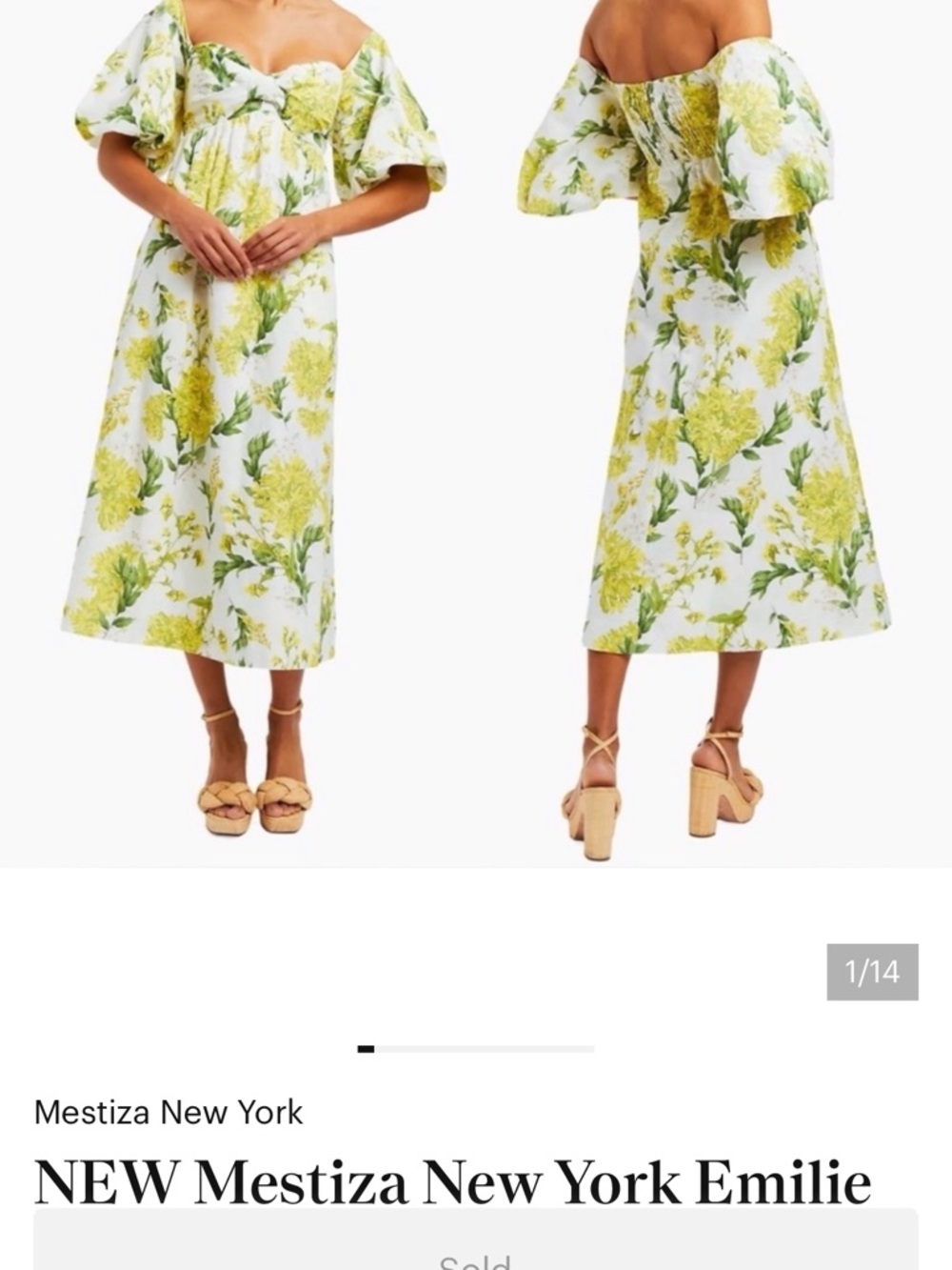 NEW Mestiza New York Emilie Midi Dress SZ Small Yellow Floral Linen Puff Sleeves